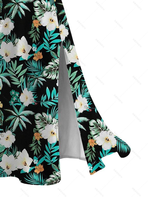 Hawaiian Vacation Couple Outfit Hibiscus Flower Tropical Leaf Print Lace Hollow Out Slit Dress and Shirt Set - Vert profond S | US 4