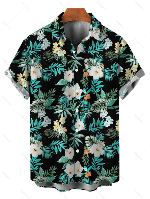 Hawaiian Vacation Couple Outfit Hibiscus Flower Tropical Leaf Print Lace Hollow Out Slit Dress and Shirt Set - Vert profond S | US 4