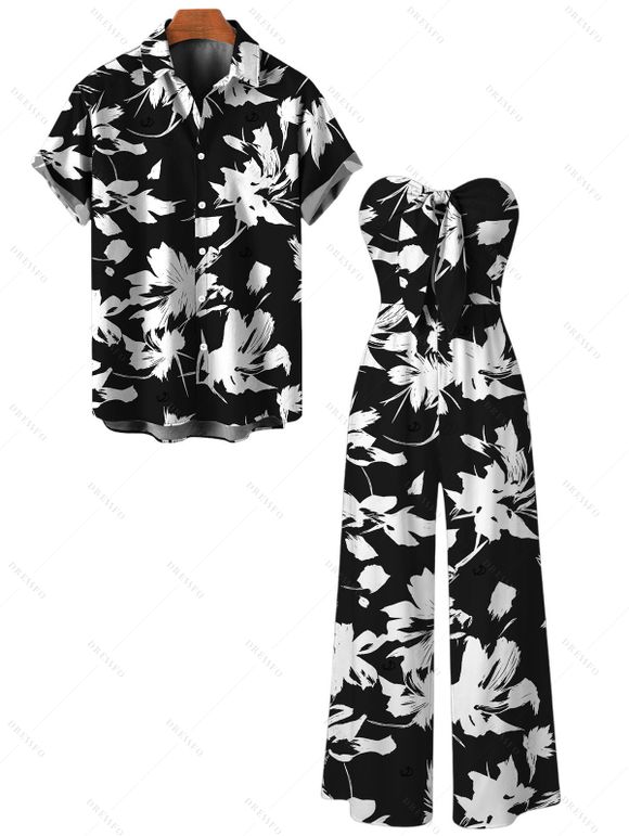 Vacation Couple Outfit Abstract Floral Silhouette Print Tied Pocket Off the Shoulder Jumpsuit and Shirt Set - Noir S | US 4