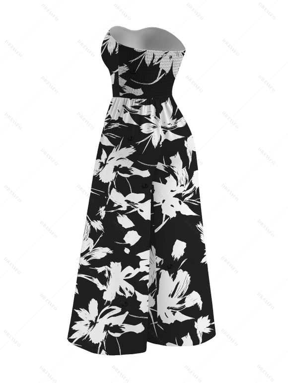 Vacation Couple Outfit Abstract Floral Silhouette Print Tied Pocket Off the Shoulder Jumpsuit and Shirt Set - Noir S | US 4