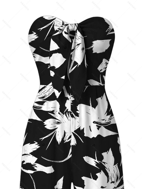 Vacation Couple Outfit Abstract Floral Silhouette Print Tied Pocket Off the Shoulder Jumpsuit and Shirt Set - Noir S | US 4