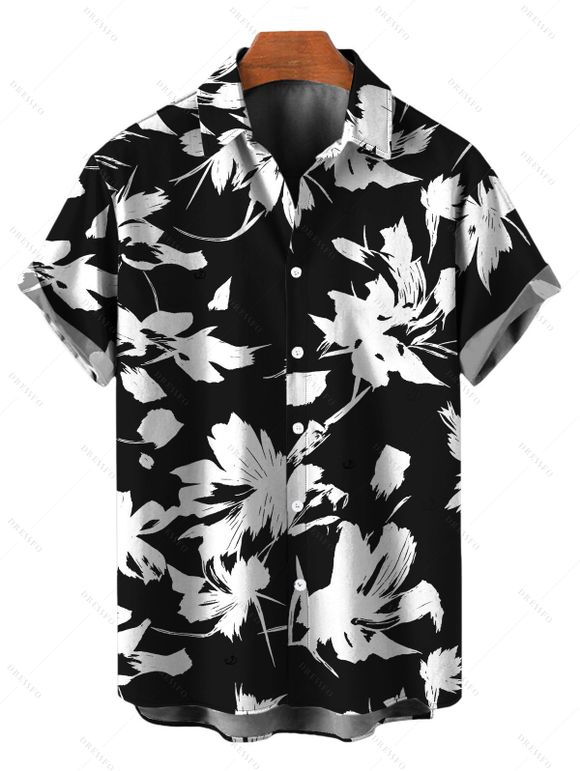 Vacation Couple Outfit Abstract Floral Silhouette Print Tied Pocket Off the Shoulder Jumpsuit and Shirt Set - Noir S | US 4