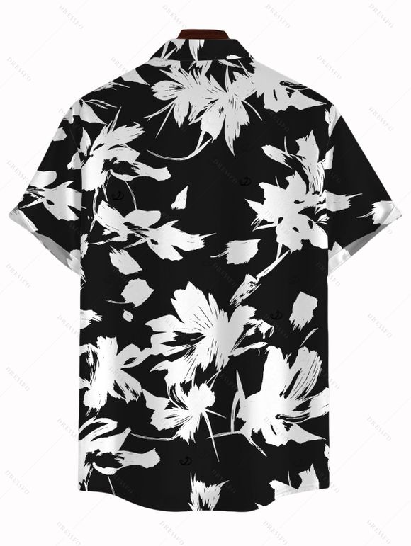 Vacation Couple Outfit Abstract Floral Silhouette Print Tied Pocket Off the Shoulder Jumpsuit and Shirt Set - Noir S | US 4