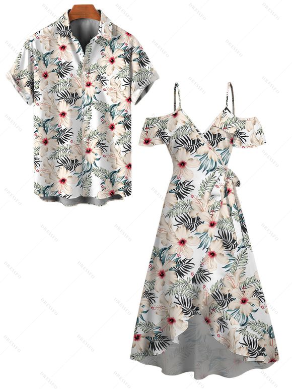 Vacation Couple Outfit Tropical Hibiscus Floral Leaf Print Cold Shoulder Self-belt High Low Dress and Shirt Set - Blanc S | US 4