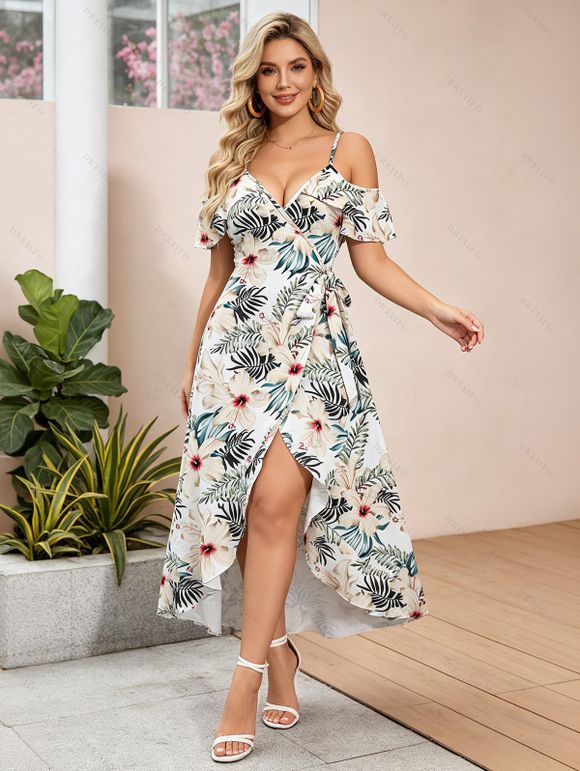 Vacation Couple Outfit Tropical Hibiscus Floral Leaf Print Cold Shoulder Self-belt High Low Dress and Shirt Set - Blanc S | US 4