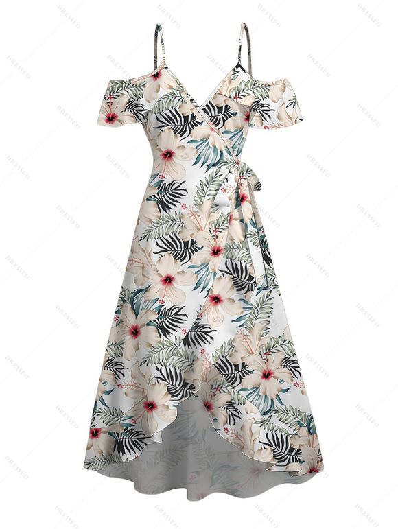 Vacation Couple Outfit Tropical Hibiscus Floral Leaf Print Cold Shoulder Self-belt High Low Dress and Shirt Set - Blanc S | US 4