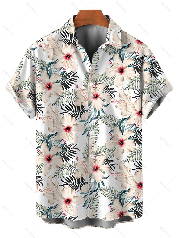 Vacation Couple Outfit Tropical Hibiscus Floral Leaf Print Cold Shoulder Self-belt High Low Dress and Shirt Set - Blanc S | US 4