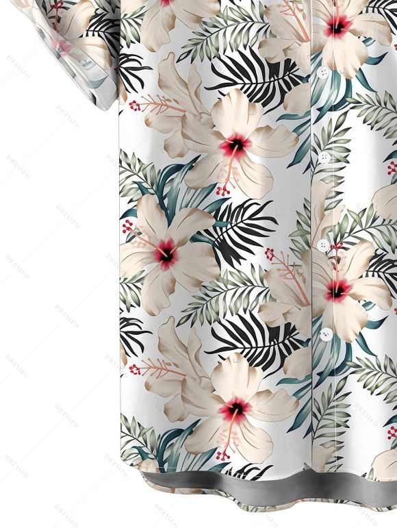 Vacation Couple Outfit Tropical Hibiscus Floral Leaf Print Cold Shoulder Self-belt High Low Dress and Shirt Set - Blanc S | US 4