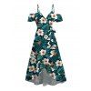Vacation Hawaiian Dress Tropical Leaf Hibiscus Floral Print Cold Shoulder Self-belt High Low Wrap Dress - Vert profond L | US 8-10