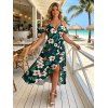 Vacation Hawaiian Dress Tropical Leaf Hibiscus Floral Print Cold Shoulder Self-belt High Low Wrap Dress - Vert profond XL | US 12