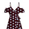 Vintage Dress Polka Dots Print Cold Shoulder Self-belt High Low Wrap Dress - Rouge foncé XXL | US 14