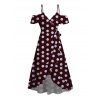 Vintage Dress Polka Dots Print Cold Shoulder Self-belt High Low Wrap Dress - Rouge foncé XXXXXL | US 20