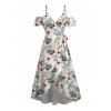 Vacation Dress Tropical Hibiscus Floral Leaf Print Cold Shoulder Self-belt High Low Hawaiian Dress - Blanc XXL | US 14