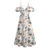 Vacation Dress Tropical Hibiscus Floral Leaf Print Cold Shoulder Self-belt High Low Hawaiian Dress - Blanc XXL | US 14