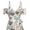 Vacation Dress Tropical Hibiscus Floral Leaf Print Cold Shoulder Self-belt High Low Hawaiian Dress - Blanc XXL | US 14
