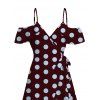 Vintage Vacation Couple Outfit Polka Dots Print Cold Shoulder Self-belt High Low Wrap Dress and Shirt Set - Rouge foncé S | US 4