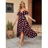 Vintage Vacation Couple Outfit Polka Dots Print Cold Shoulder Self-belt High Low Wrap Dress and Shirt Set - Rouge foncé S | US 4