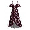 Vintage Vacation Couple Outfit Polka Dots Print Cold Shoulder Self-belt High Low Wrap Dress and Shirt Set - Rouge foncé S | US 4