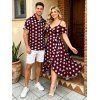 Vintage Vacation Couple Outfit Polka Dots Print Cold Shoulder Self-belt High Low Wrap Dress and Shirt Set - Rouge foncé S | US 4