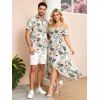 Vacation Couple Outfit Tropical Hibiscus Floral Leaf Print Cold Shoulder Self-belt High Low Dress and Shirt Set - Blanc S | US 4