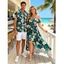 Vacation Hawaiian Couple Outfit Tropical Leaf Hibiscus Floral Print Cold Shoulder Self-belt High Low Wrap Dress and Shirt Set - Vert profond S | US 4