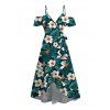 Vacation Hawaiian Couple Outfit Tropical Leaf Hibiscus Floral Print Cold Shoulder Self-belt High Low Wrap Dress and Shirt Set - Vert profond S | US 4