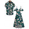 Vacation Hawaiian Couple Outfit Tropical Leaf Hibiscus Floral Print Cold Shoulder Self-belt High Low Wrap Dress and Shirt Set - Vert profond S | US 4