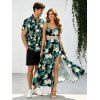 Hawaiian Vacation Couple Outfit Hibiscus Flower Tropical Leaf Print Lace Hollow Out Slit Dress and Shirt Set - Vert profond S | US 4