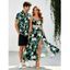 Hawaiian Vacation Couple Outfit Hibiscus Flower Tropical Leaf Print Lace Hollow Out Slit Dress and Shirt Set - Vert profond S | US 4