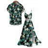 Hawaiian Vacation Couple Outfit Hibiscus Flower Tropical Leaf Print Lace Hollow Out Slit Dress and Shirt Set - Vert profond S | US 4