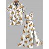 Vacation Couple Outfit Yellow Rose Floral Print Button Up Shirt Lace Hollow Out Slit Dress and Shirt Set - Blanc S | US 4
