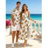 Vacation Couple Outfit Yellow Rose Floral Print Button Up Shirt Lace Hollow Out Slit Dress and Shirt Set - Blanc S | US 4