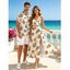 Vacation Couple Outfit Yellow Rose Floral Print Button Up Shirt Lace Hollow Out Slit Dress and Shirt Set - Blanc S | US 4