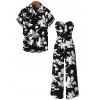 Vacation Couple Outfit Abstract Floral Silhouette Print Tied Pocket Off the Shoulder Jumpsuit and Shirt Set - Noir S | US 4