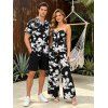 Vacation Couple Outfit Abstract Floral Silhouette Print Tied Pocket Off the Shoulder Jumpsuit and Shirt Set - Noir S | US 4