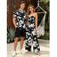 Vacation Couple Outfit Abstract Floral Silhouette Print Tied Pocket Off the Shoulder Jumpsuit and Shirt Set - Noir S | US 4