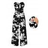 Vacation Couple Outfit Abstract Floral Silhouette Print Tied Pocket Off the Shoulder Jumpsuit and Shirt Set - Noir S | US 4