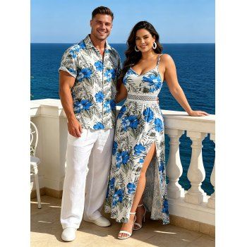 Vacation Couple Outfit Hibiscus Floral Leaf Pattern Geometric Lace Panel Hollow Out Long Dress and Button Up Shirt Casual Matching Outfit