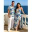 Vacation Couple Outfit Hibiscus Floral Leaf Pattern Geometric Lace Panel Hollow Out Long Dress and Button Up Shirt Casual Matching Outfit - Rouge S | US 4