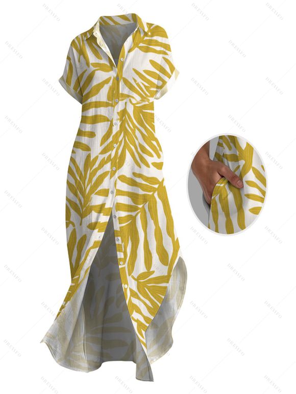 Beach Vacation Shirt Dress Palm Leaf Print Button Up Curved Hem Pocket Turn Down Collar Dress - FLAXSEED YELLOW XL | US 12