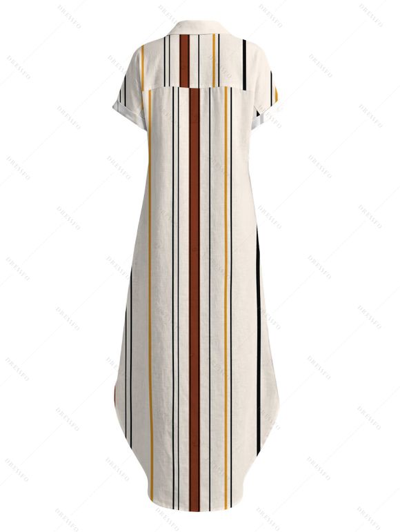 Vacation Shirt Dress Colored Striped Print Button Up Curve Hem Pocket Turn Down Collar Dress - multicolor XL | US 12