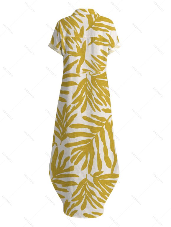 Beach Vacation Shirt Dress Palm Leaf Print Button Up Curved Hem Pocket Turn Down Collar Dress - FLAXSEED YELLOW XL | US 12