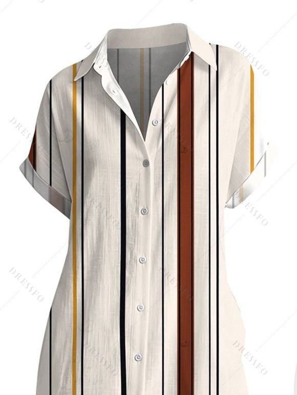 Vacation Shirt Dress Colored Striped Print Button Up Curve Hem Pocket Turn Down Collar Dress - multicolor XL | US 12