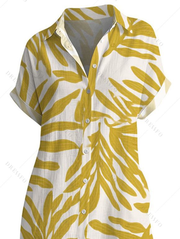 Beach Vacation Shirt Dress Palm Leaf Print Button Up Curved Hem Pocket Turn Down Collar Dress - FLAXSEED YELLOW XL | US 12