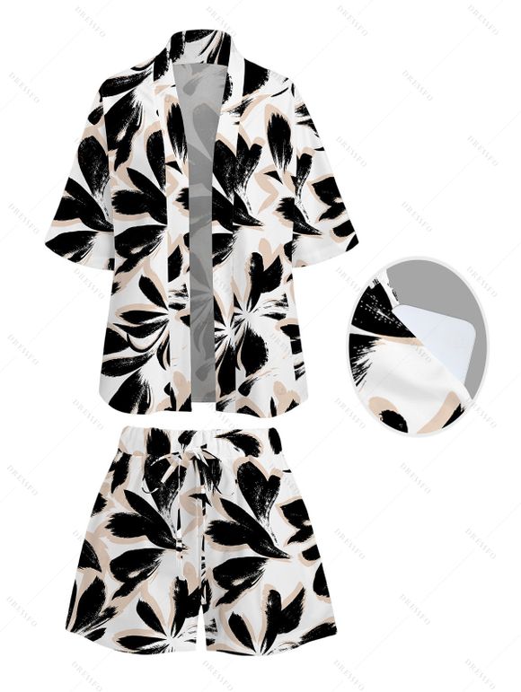 Vacation Women Outfit Bicolor Abstract Leaf Print Kimono Cover-up and Drawstring Pocket Shorts Set - Noir XXXXXL | US 20