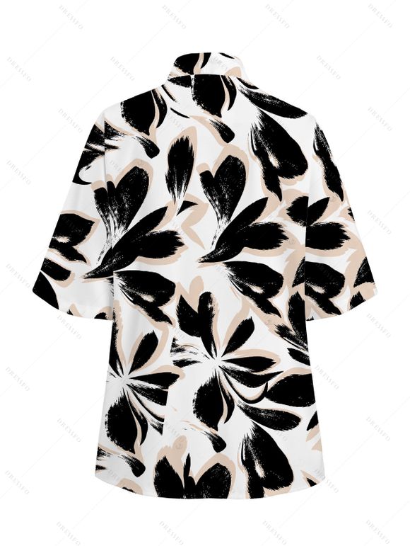 Vacation Women Outfit Bicolor Abstract Leaf Print Kimono Cover-up and Drawstring Pocket Shorts Set - Noir XXXXXL | US 20