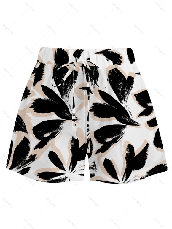 Vacation Women Outfit Bicolor Abstract Leaf Print Kimono Cover-up and Drawstring Pocket Shorts Set - Noir XXXXXL | US 20
