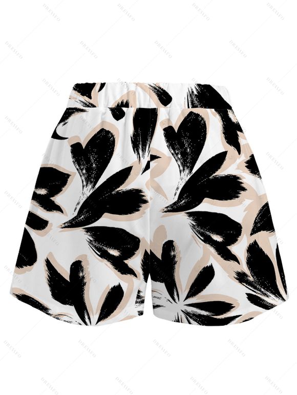 Vacation Women Outfit Bicolor Abstract Leaf Print Kimono Cover-up and Drawstring Pocket Shorts Set - Noir XXXXXL | US 20