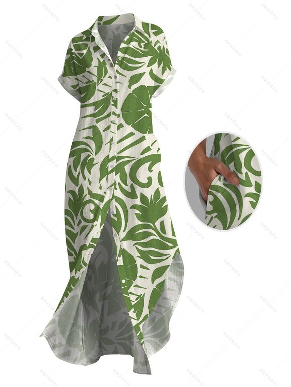 Vacation Shirt Dress Tropical Abstract Leaf Print Button Up Pocket Curved Hem Turn Down Collar Dress - Vert L | US 8-10