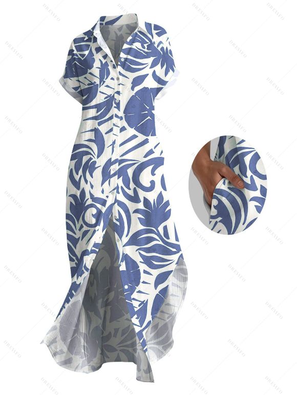 Vacation Shirt Dress Tropical Abstract Leaf Print Button Up Pocket Curved Hem Turn Down Collar Dress - Bleu XL | US 12